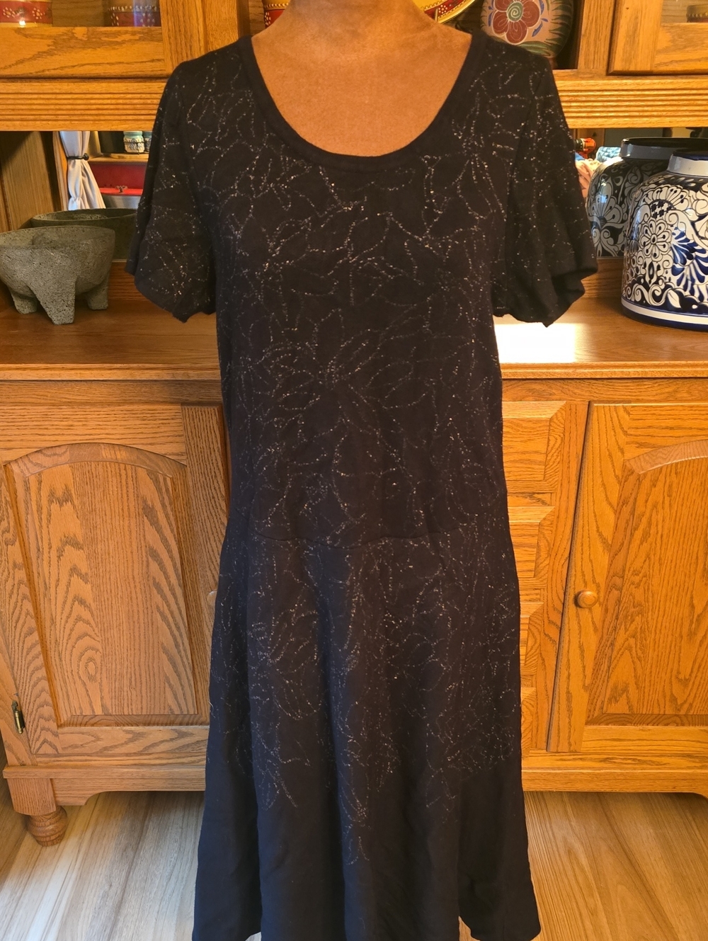 Taylor Black Midi Dress with Subtle Metallic Stitching